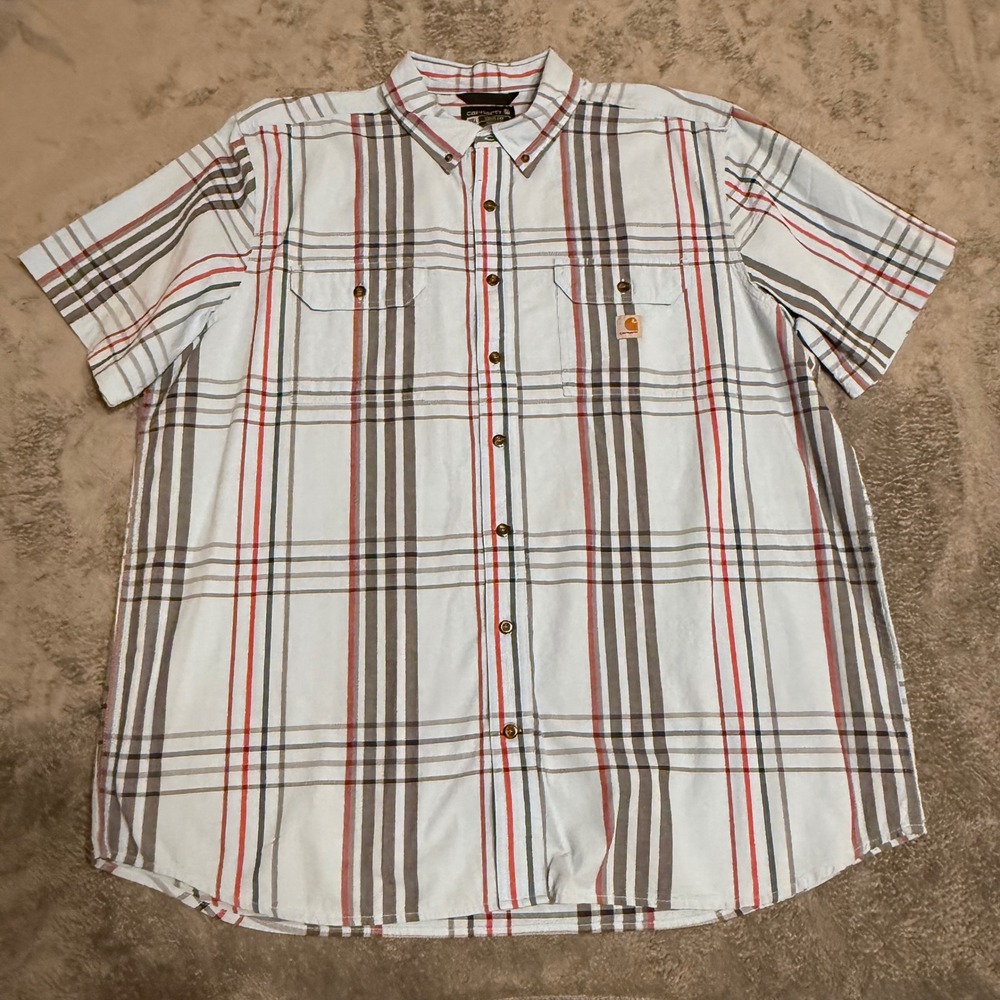 Carhartt Mens 2XL Tall Plaid Short Sleeve Button Up‎ Shirt Loose Fit Workwear